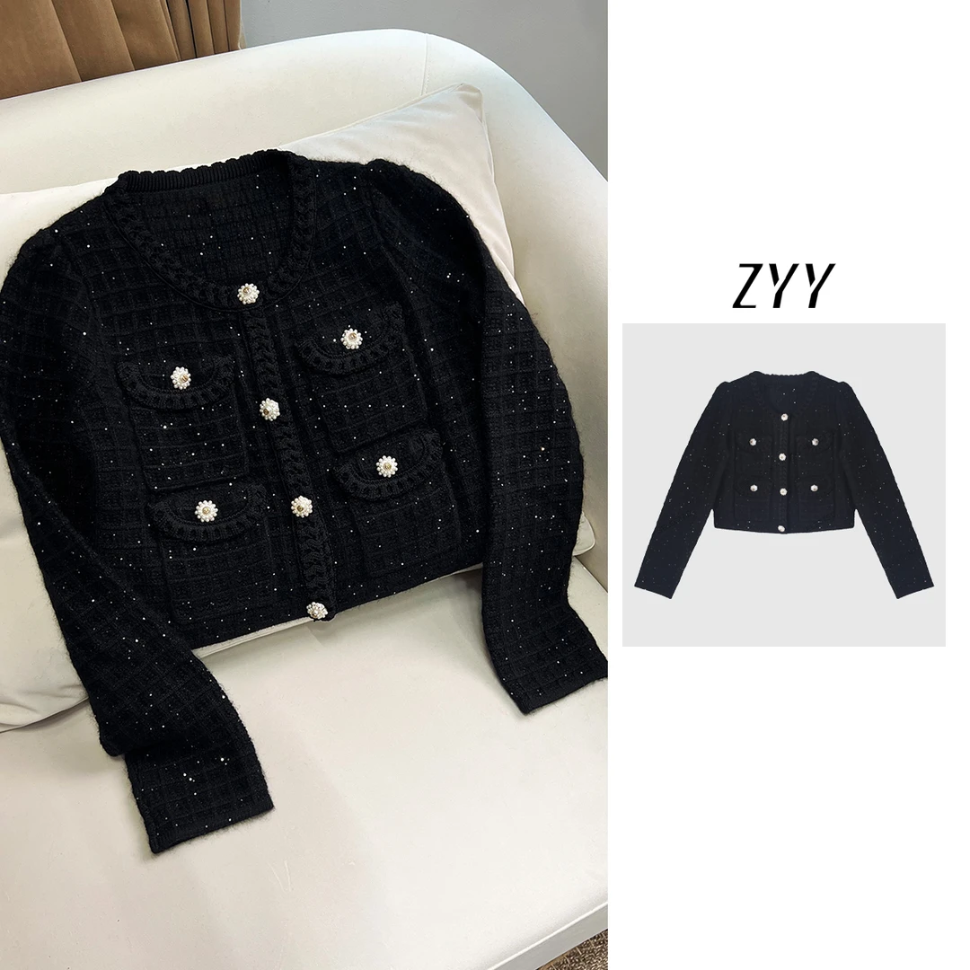 ZYY【云暖织间】2025/S新品优雅华夫格纹亮片针织外套X25QDWT04006
