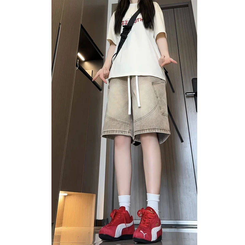 夏季新款美式高街松紧腰水洗牛仔短裤女生潮流宽松直筒运动五分裤