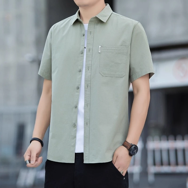 男士短袖衬衫夏装大码宽松休韩版纯色潮流夏季纯棉休闲痞帅日系