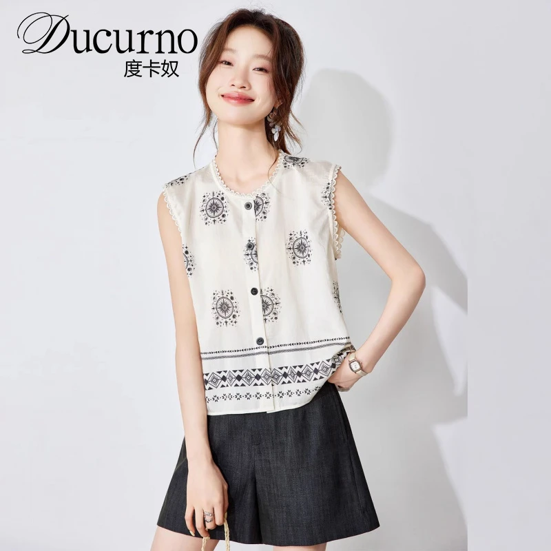 2025夏季新款复古印花蕾丝花边无袖t恤女背心洋气时尚简约风上衣