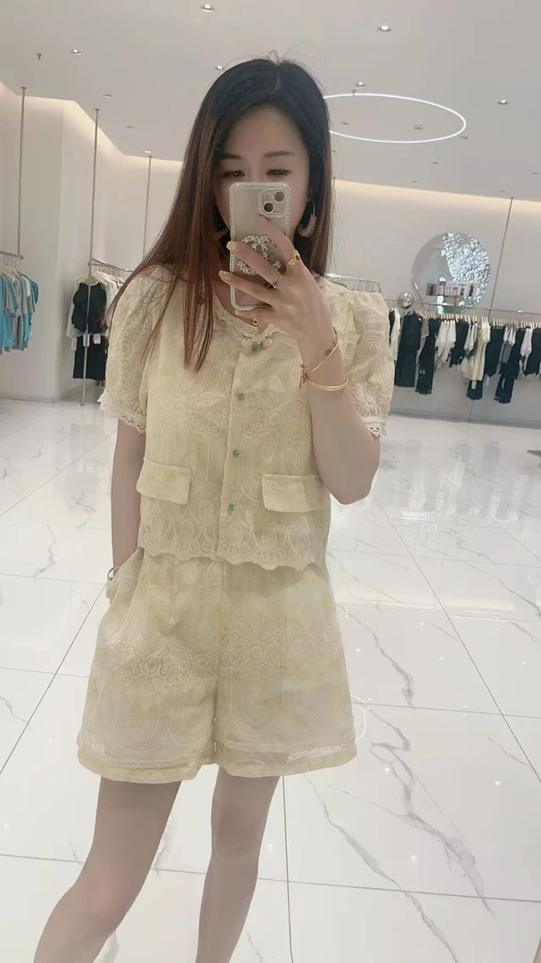 2025夏季新款短袖扎染蕾丝刺绣套装气质甜美短裤两件套HJ-1791