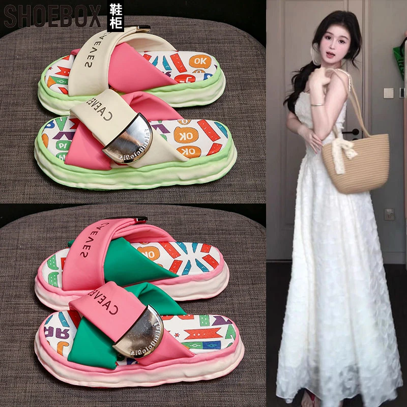 SHOEBOX鞋涂鸦拖鞋女夏2025新款外穿厚底一字拖休闲踩屎感凉拖