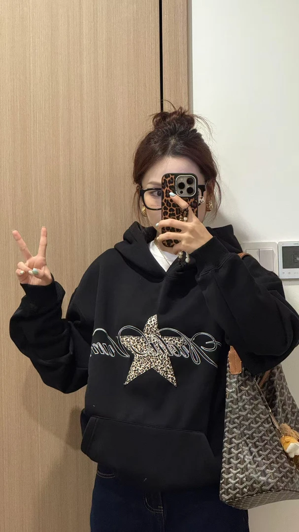 2025秋季新款美式复古豹纹星星印花连帽卫衣宽松休闲外套套头上衣