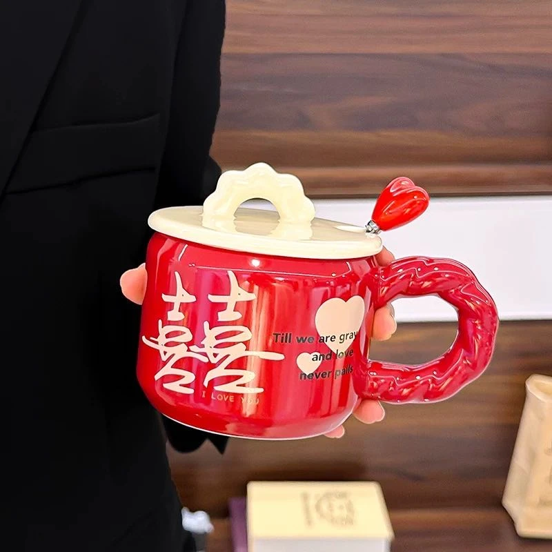 带盖陶瓷杯喜字马克杯高颜值情侣杯