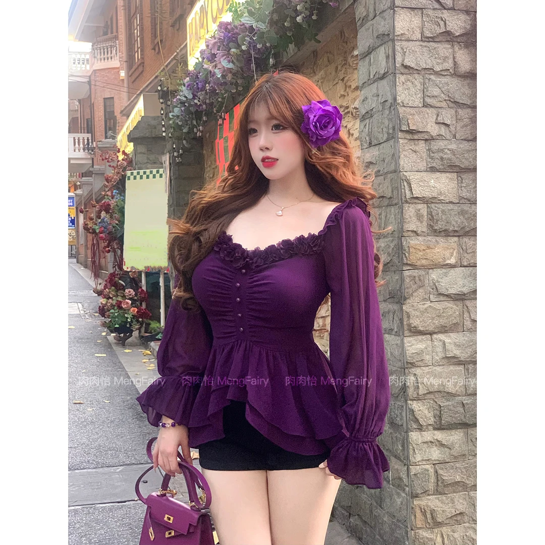 肉肉怡 清清【多肉葡萄】小众两穿大方领修身荷叶边散摆上衣4579M