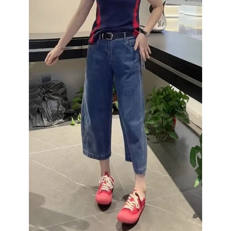 深蓝色阔腿牛仔裤女夏季薄款大码胖mm高腰显瘦梨形身材宽松直筒裤