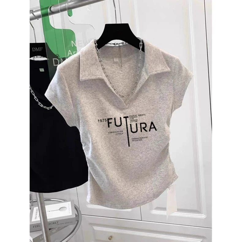 设计感翻领polo衫正肩短袖女上衣夏季辣妹v领修身褶皱灰色t恤短款