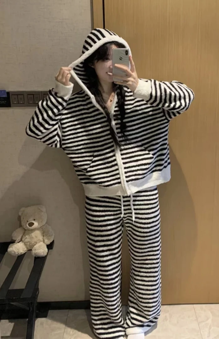 【帽衫黑白条纹】 针织高密半边绒冬季新款保暖宽松家居服套装