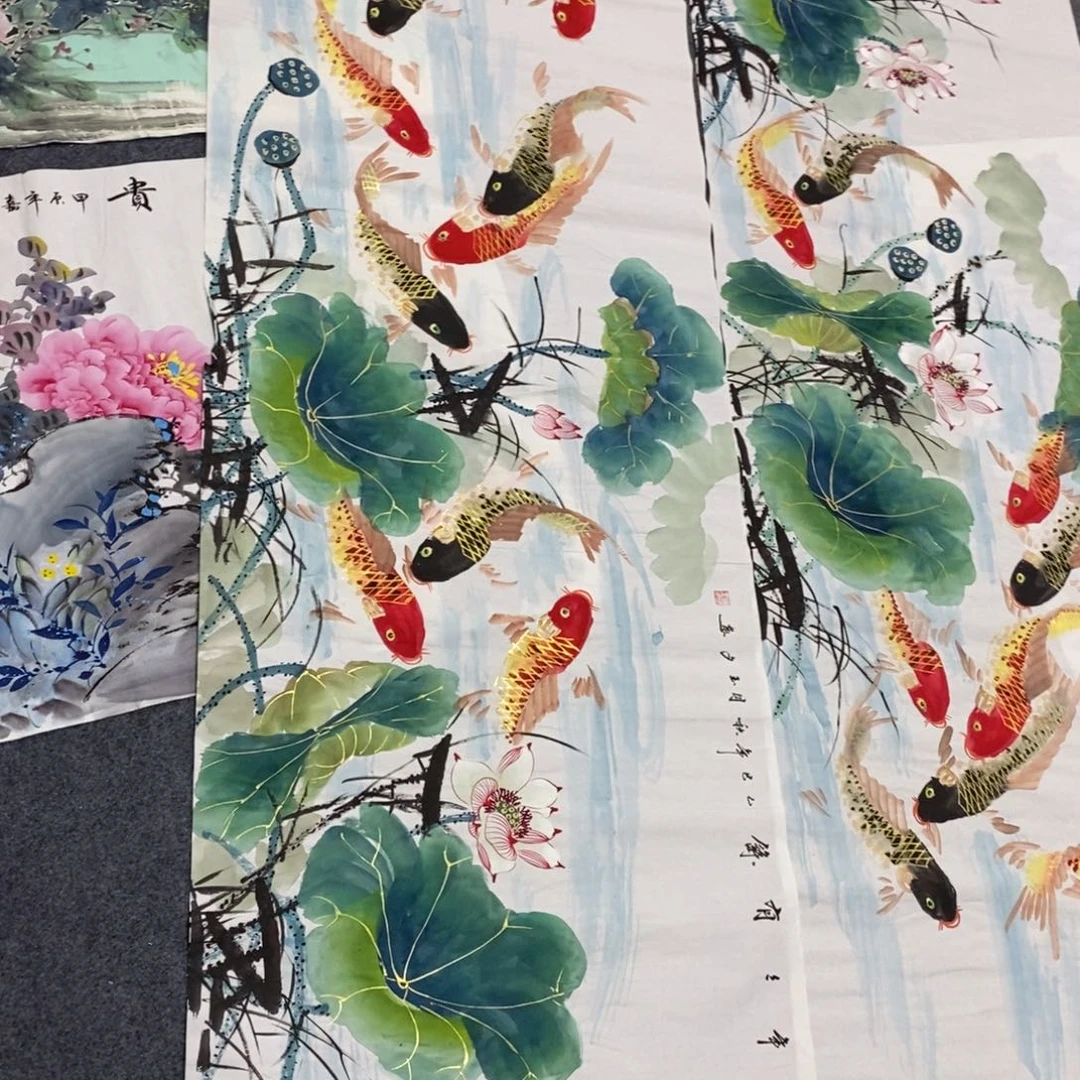国画玄*尺寸180✖️70小六尺金线荷花鱼手绘画