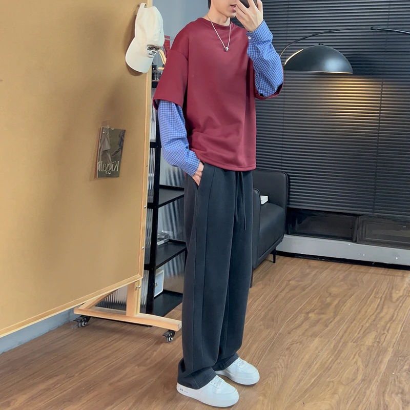 高级感弧线裤休闲长裤男春秋垂坠感卫裤宽松直筒重磅水洗灰运动裤