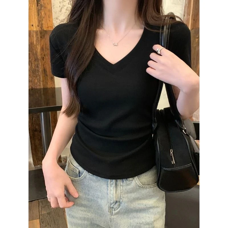 【UBKA】美式正肩短袖T恤女夏季设计感辣妹修身显瘦百搭纯色v领上衣