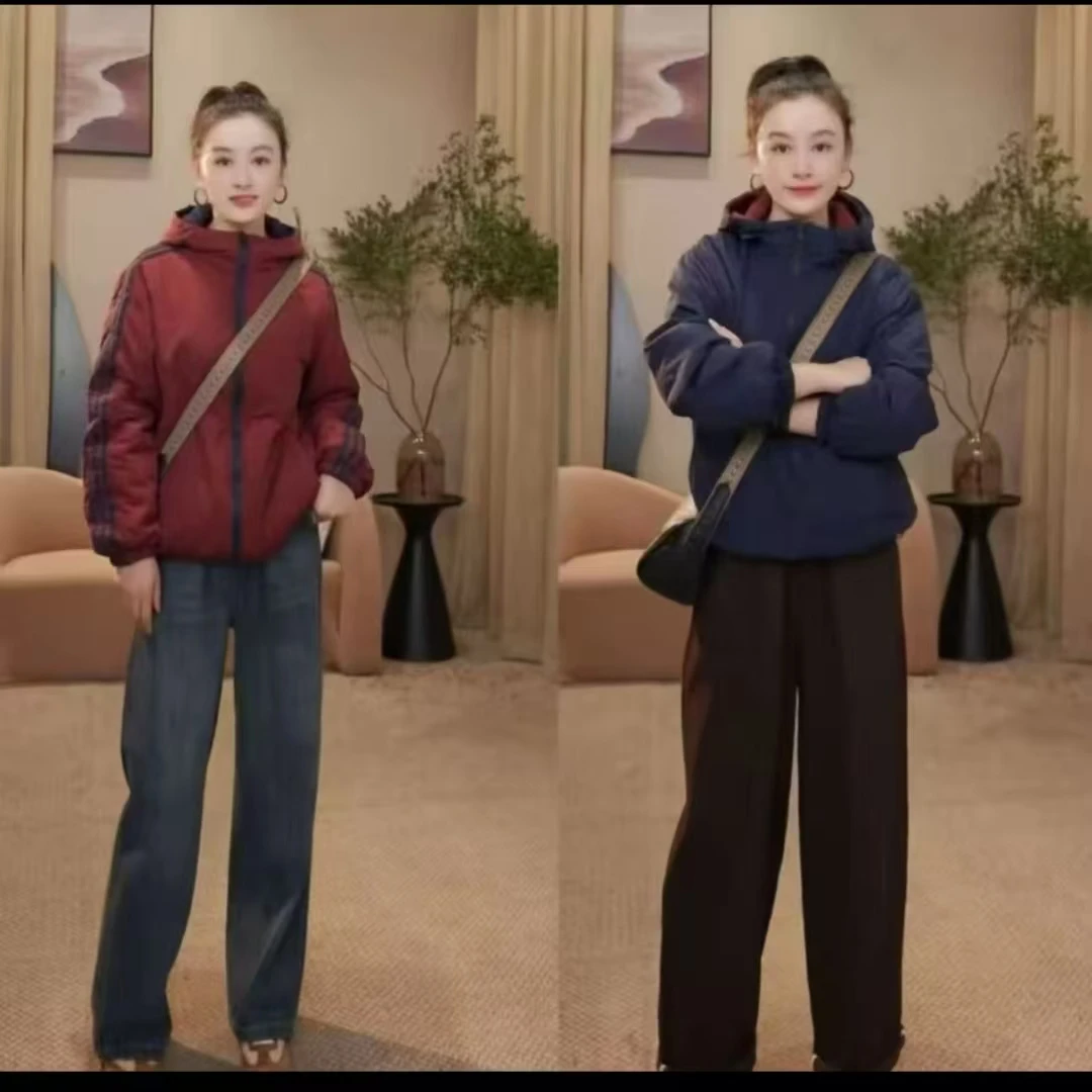 （双面穿棉衣）爆款长袖落肩袖连帽女棉服棉衣百搭网红加厚秋冬时尚