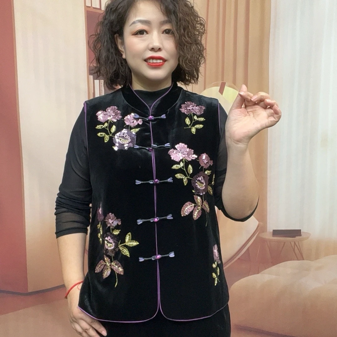 时尚妈妈装复古时尚刺绣马甲中老年女装盘扣百搭中国风常规宽松型