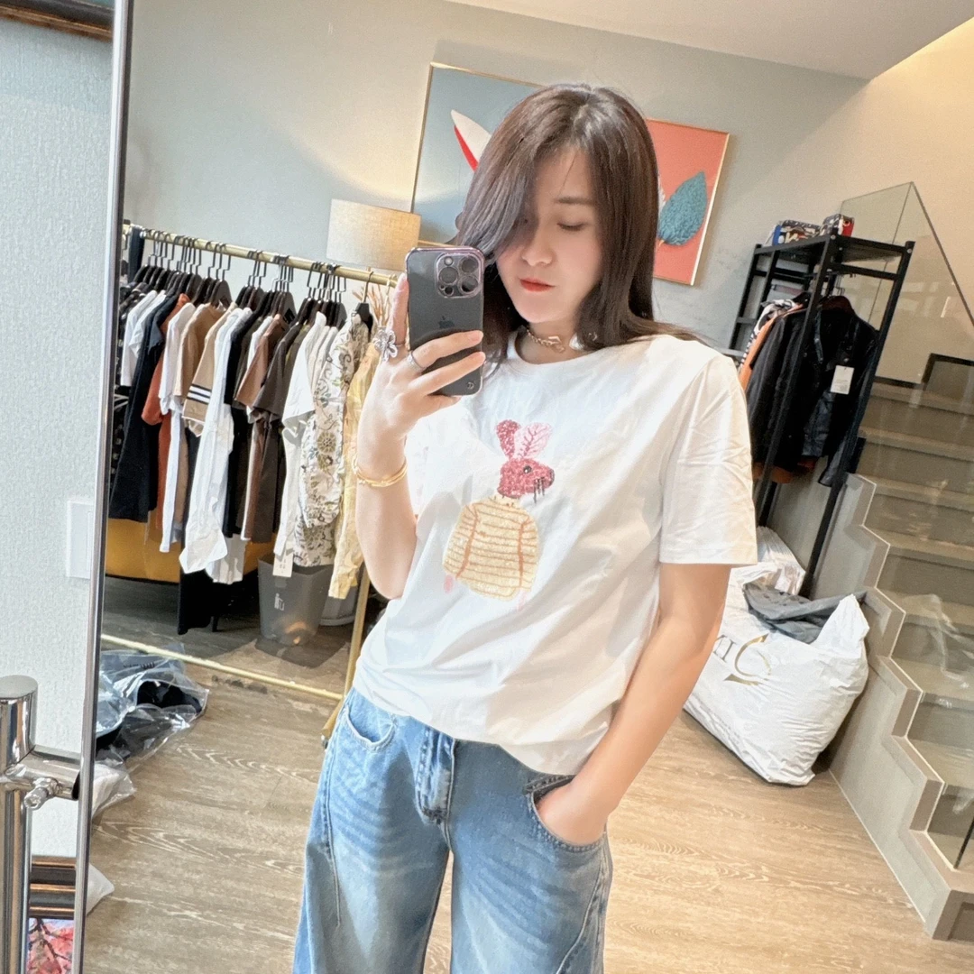 西主任2025夏季新款重工时尚亮片卡通兔子圆领短袖宽松百搭T恤衫