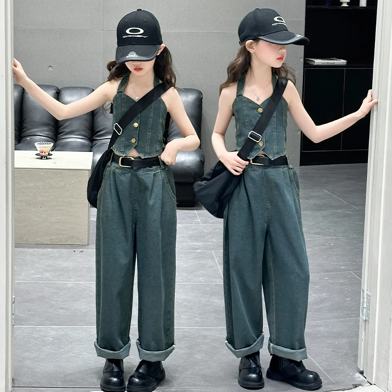女童洋气2025新款牛仔吊带背心阔腿裤两件套夏季休闲时尚套装潮款