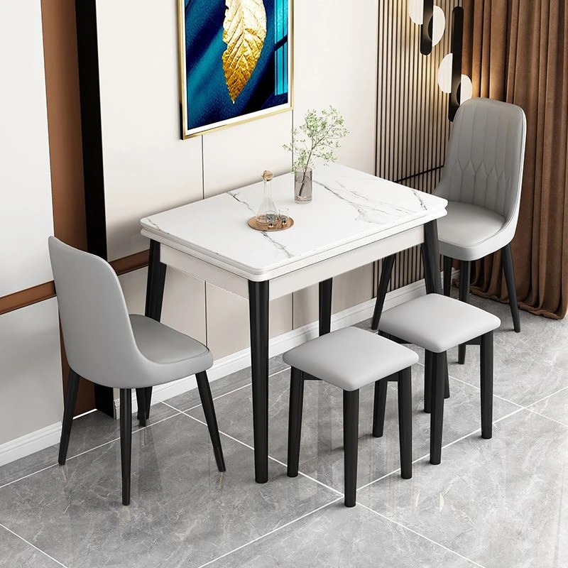 意式轻奢小户型可伸缩折叠家用实木岩板餐桌椅组合长方形吃饭桌子