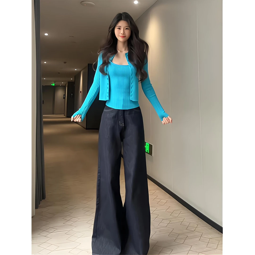 甜美系休闲吊带气质显瘦开衫针织衫时尚长裤套装