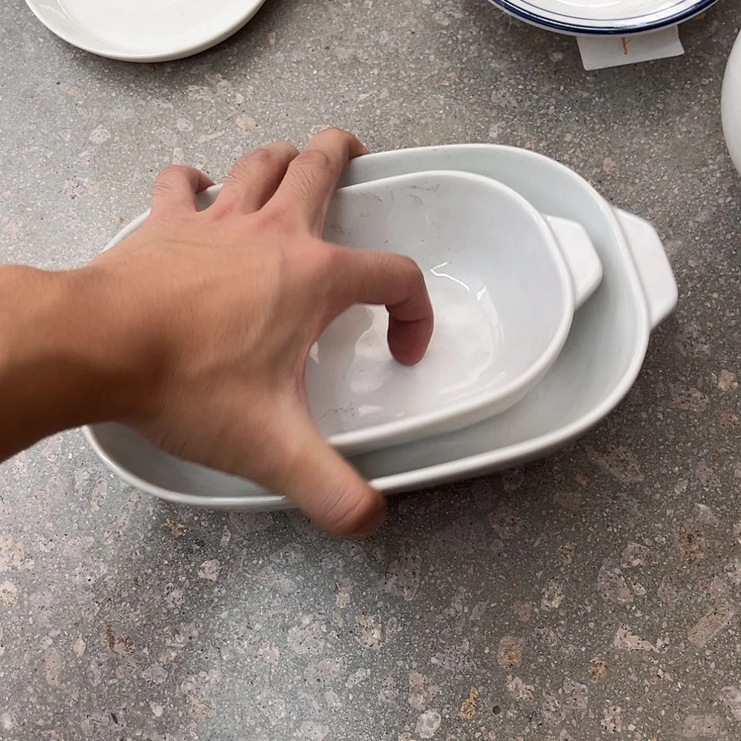 陶瓷灰白双耳烤盘一组
