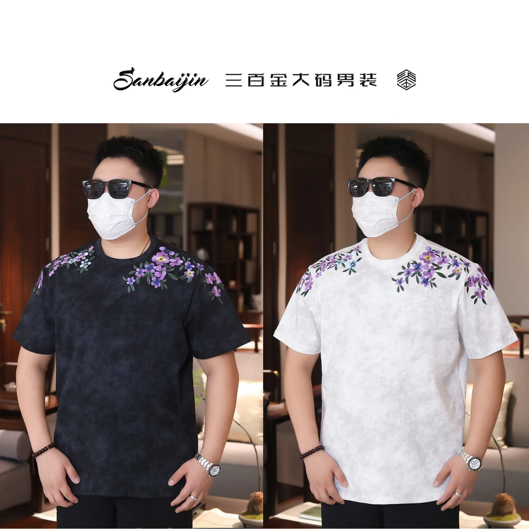 大码男装】短袖夏季国潮刺绣喷绘做旧双面丝光棉739#