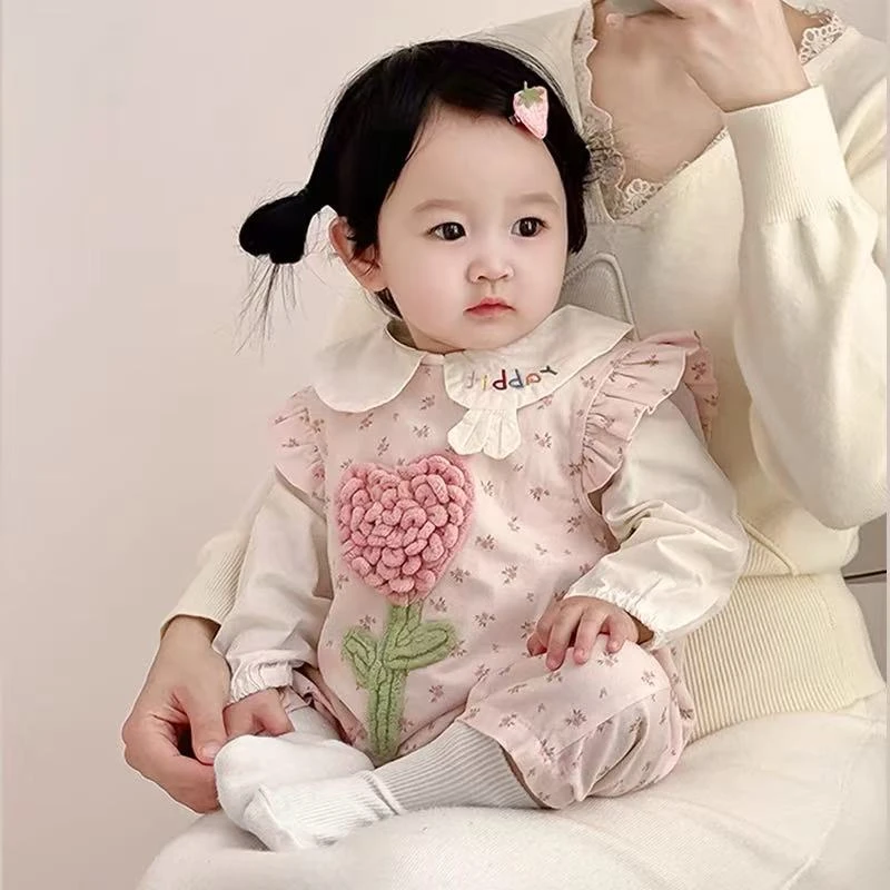 婴幼儿春秋立体花朵飞袖背带裤女宝连体衣套装