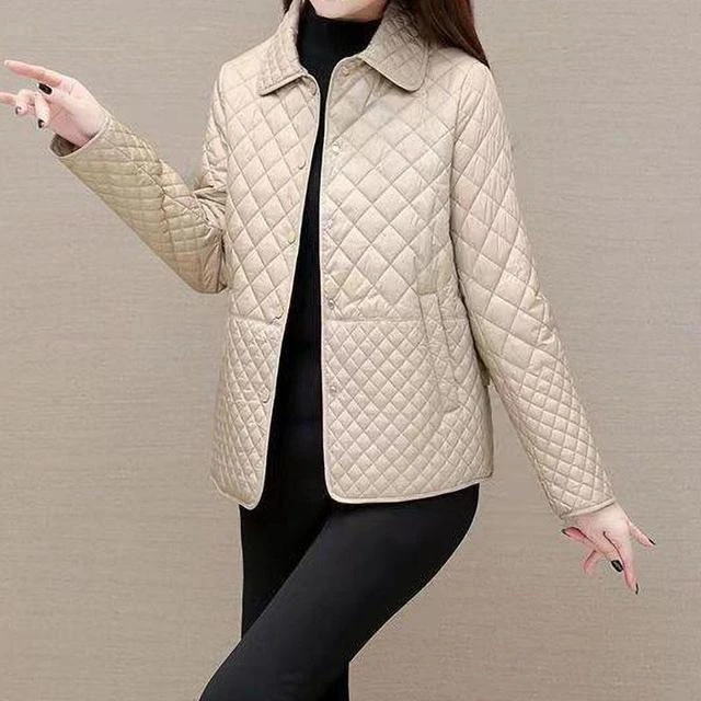 夹棉轻薄冬新款小棉袄洋气宽松休闲菱形格纹妈妈装薄棉服外套春秋