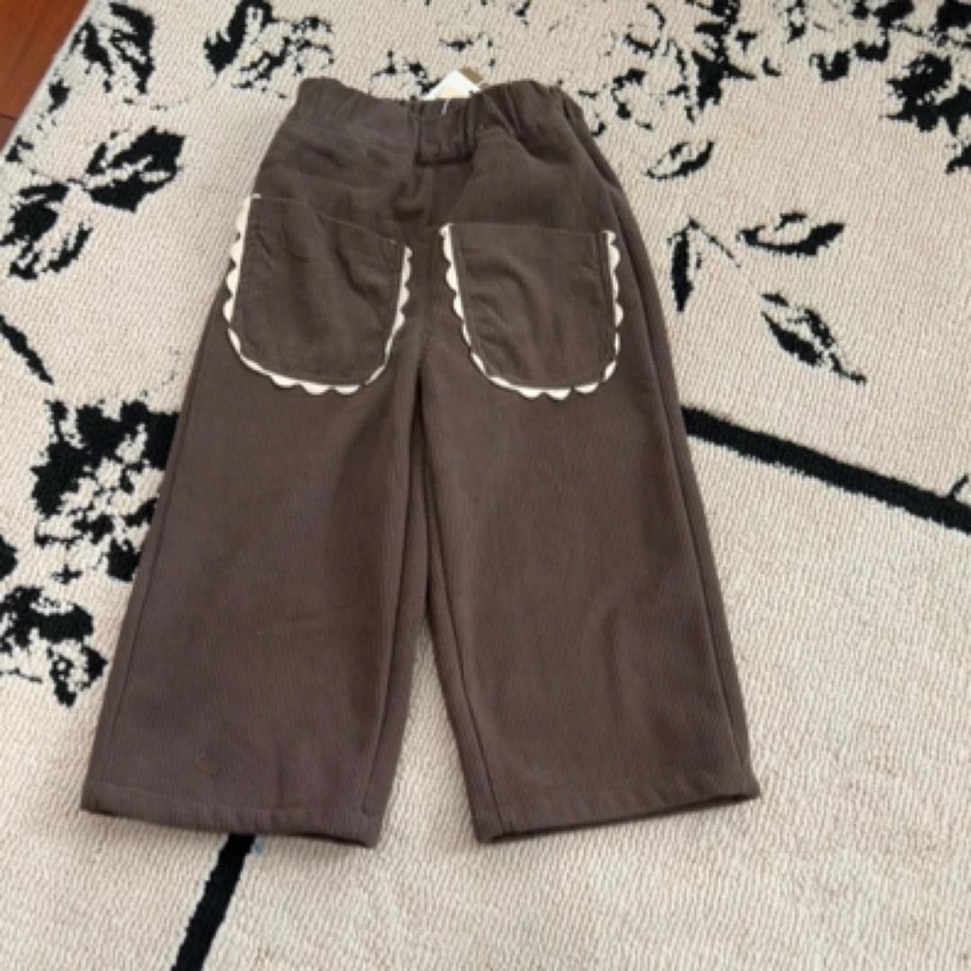 【编号P964】E630-13-儿童花边口袋条绒直筒裤咖色-AYY