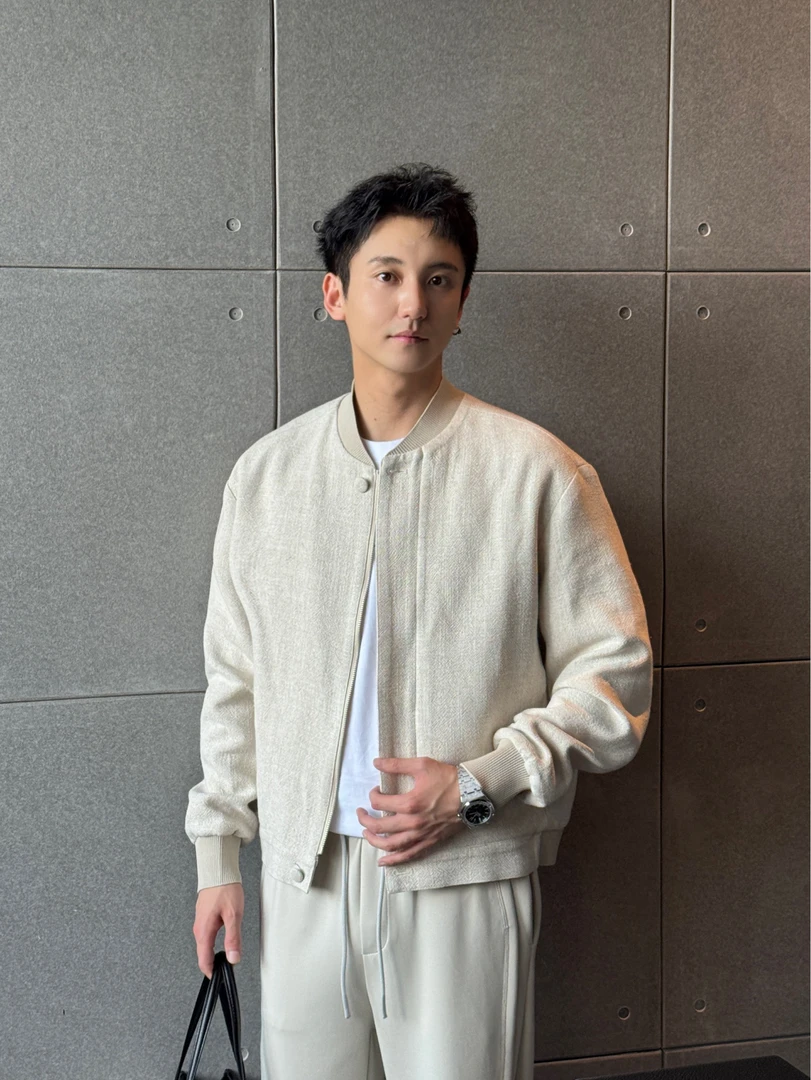 早秋新款亚麻老钱风圆领外套男美式高品质休闲宽松百搭简约高级感