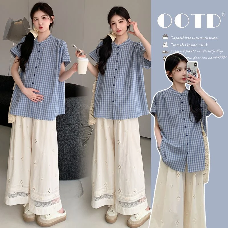 【晚媛若】2025夏季新款孕妇复古格子短袖上衣猪鼻扣蕾丝花边阔腿裤