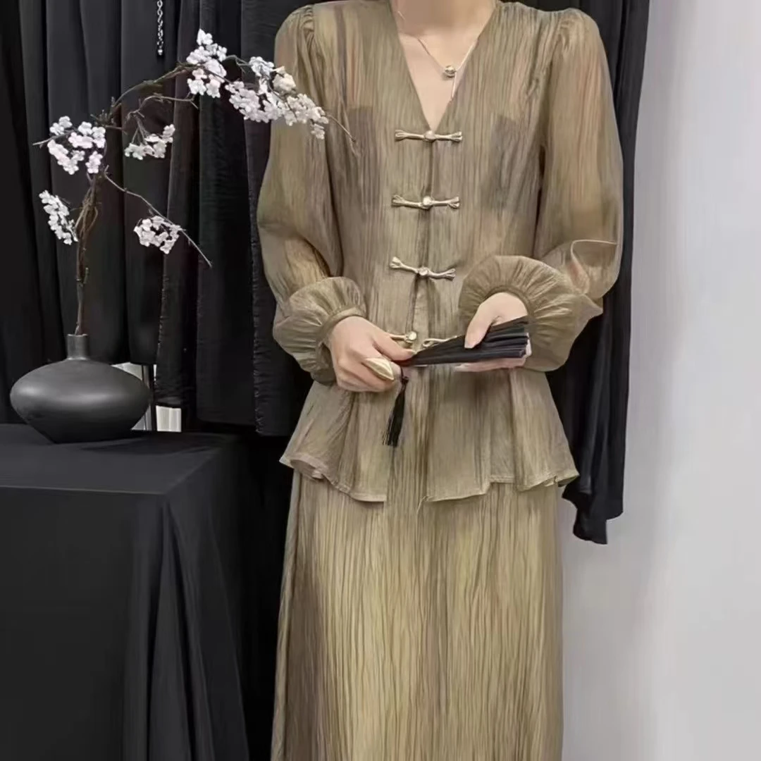 国风复古欧根纱透明盘扣开衫衬衫女+高腰显瘦轻纱半身裙两件套潮