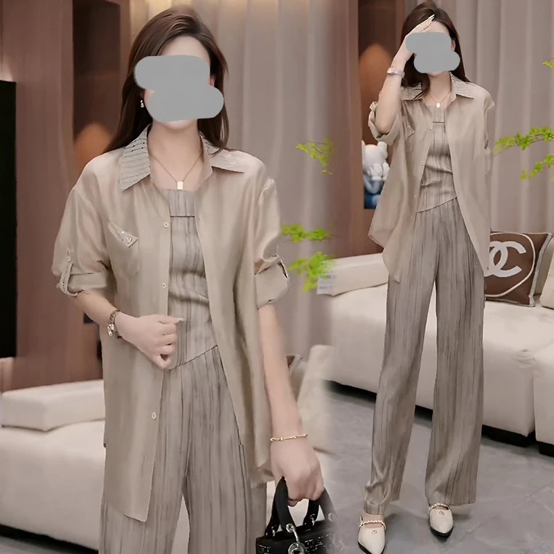 气质时尚套装2026夏季新款高端轻奢洋气防晒开衫休闲阔腿裤三件套