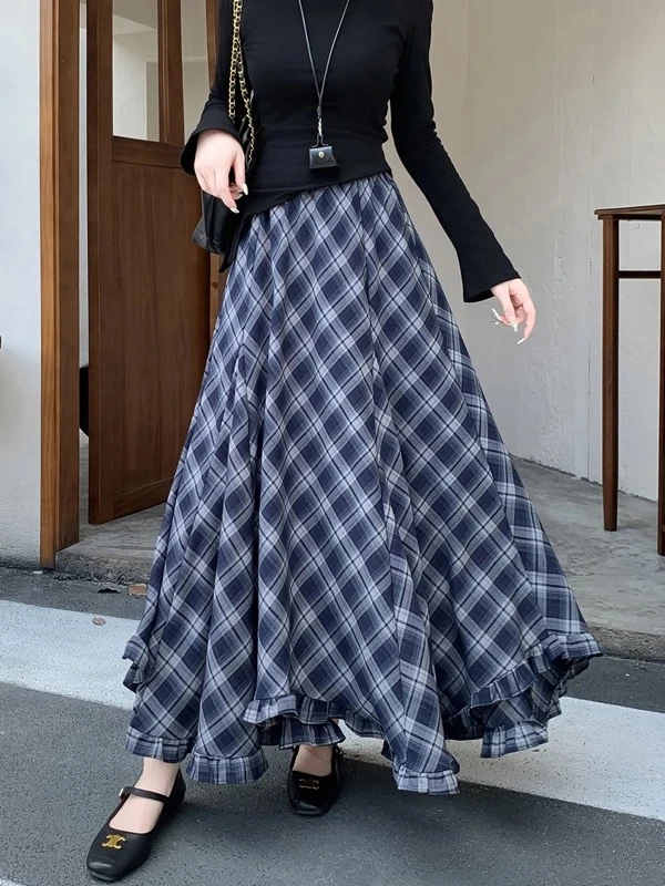 2025秋冬新款斜格纹不规则裁剪半身裙显瘦复古百搭大摆A字裙格纹