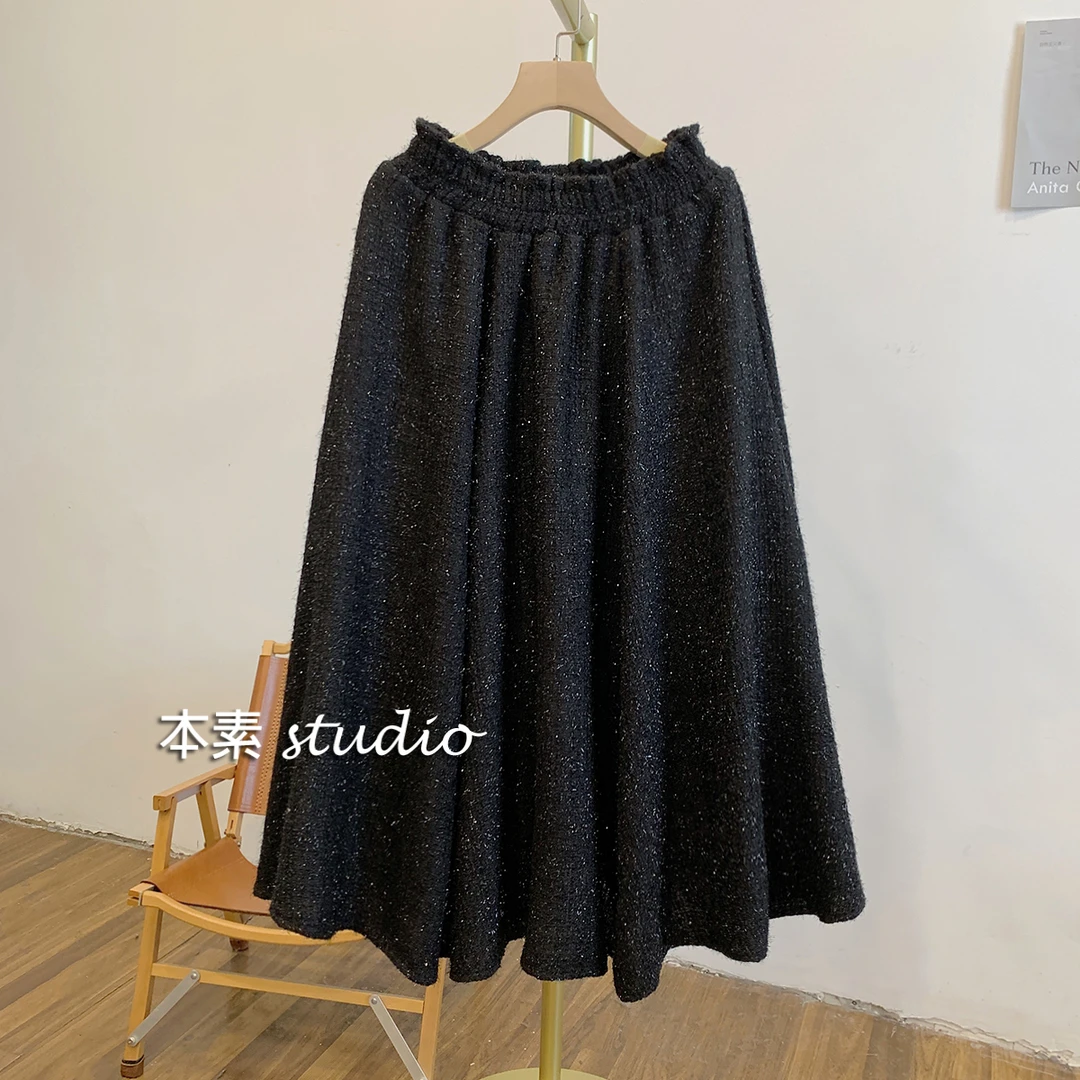 C3095加绒亮丝松紧腰半身裙