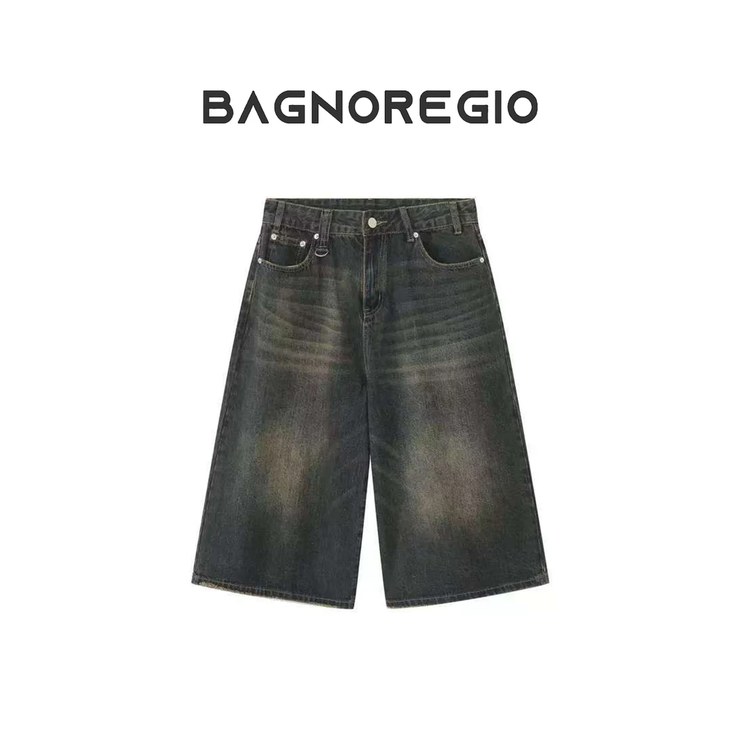 BAGNOREGIO美式复古牛仔裤设计感宽松七分裤街头少年感艺术家潮牌