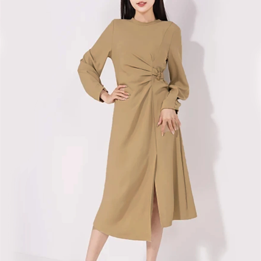 春上新！女士圆领气质赫本长袖连衣裙F156