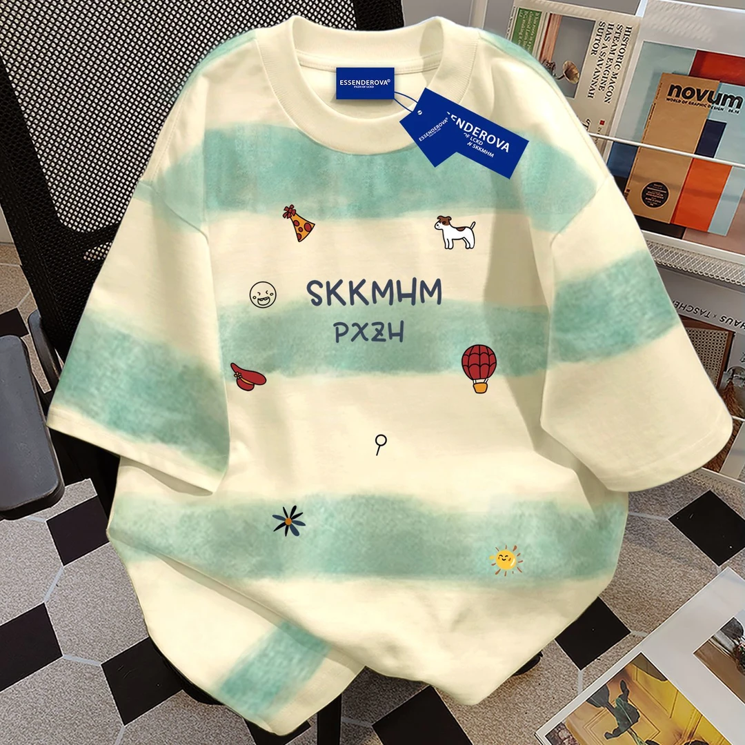 100%纯棉高级可爱感短袖t恤男女2025夏季宽松通勤圆领爆款上衣服