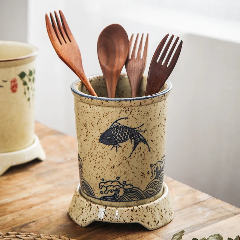 创意家用陶瓷筷子筒中式复古勺子筷笼厨房沥水餐具收纳刀叉筷子篓