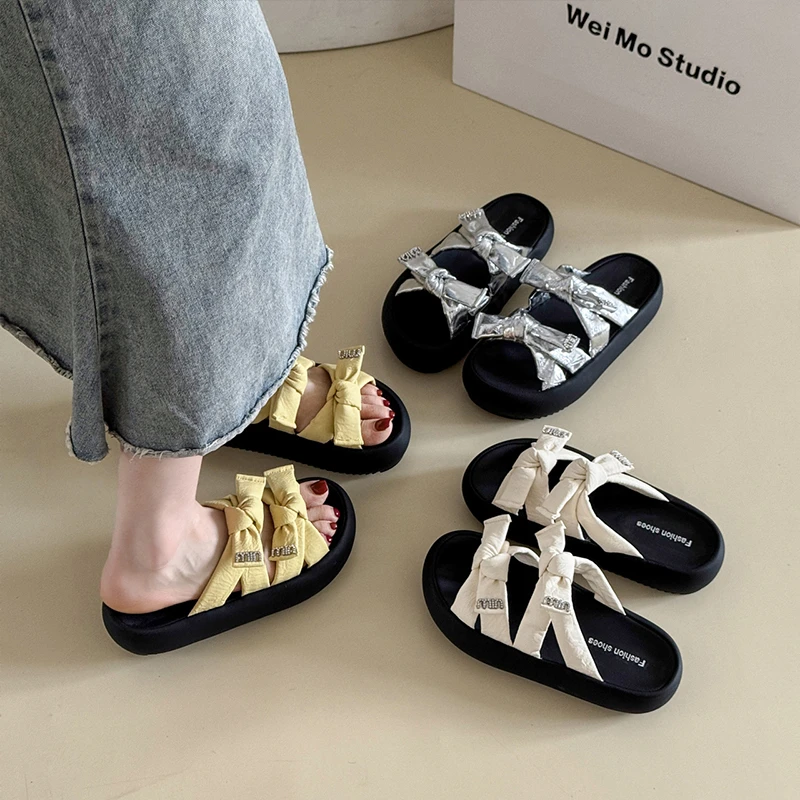 法式蝴蝶结厚底拖鞋女外穿2025新款夏季凉鞋时尚高级感沙滩凉拖鞋