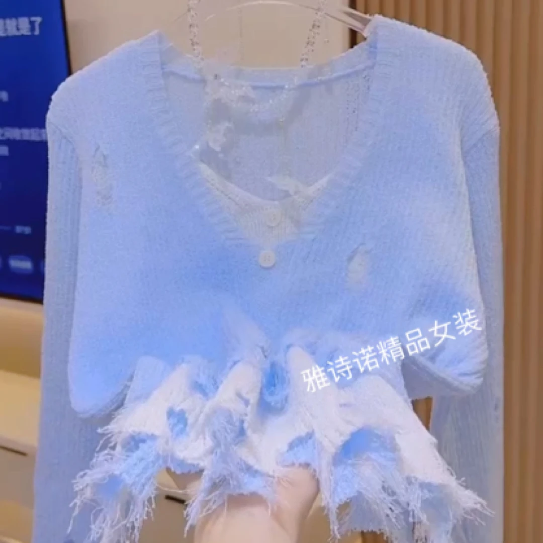 甜美撞色拼接假两件针织衫女2025春新款小众设计感休闲百搭破洞