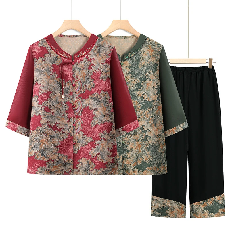 中老年人夏装女妈妈新中式国风套装奶奶装夏季薄款中袖衬衫两件套