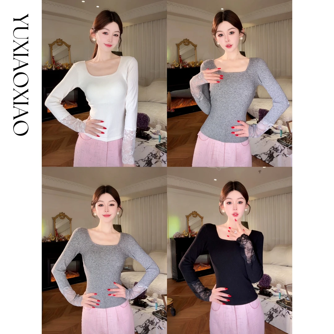 余潇潇【女团练习室】时尚百搭弹力舒适拼接蕾丝修身方领打底上衣