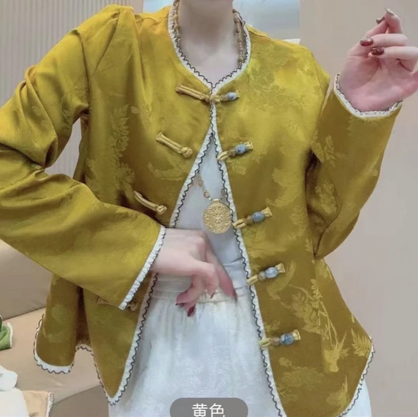 深圳3009新中式提花蕾丝花边外套国风盘扣上衣