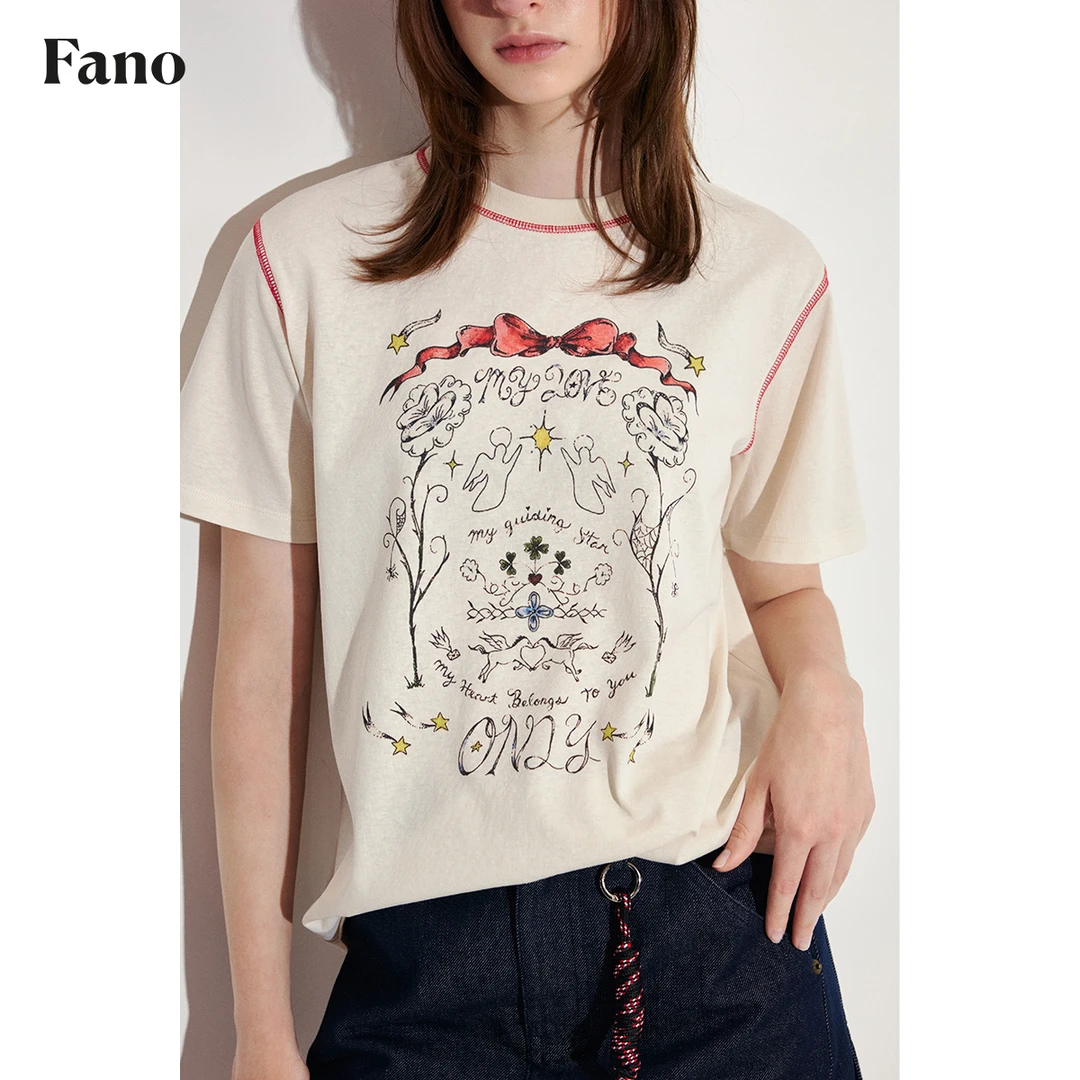 柴碧云 范洛 轻薄肌理感 复古手绘感插画印花撞色T恤FX25S226推广