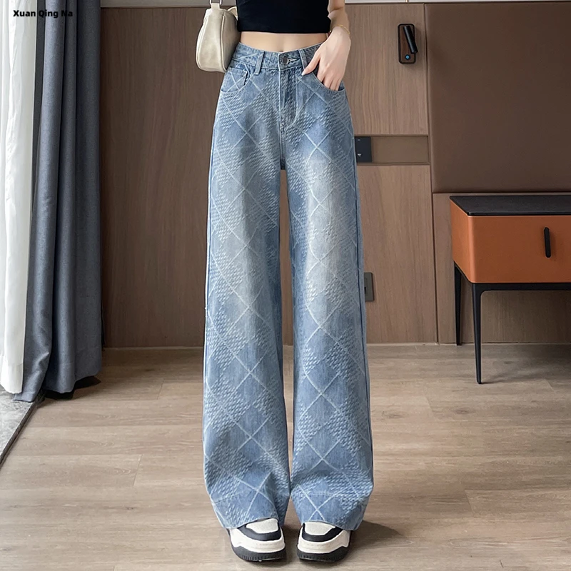 提花阔腿牛仔裤女长裤春夏季薄款设计感小众菱形编织窄版直筒裤子
