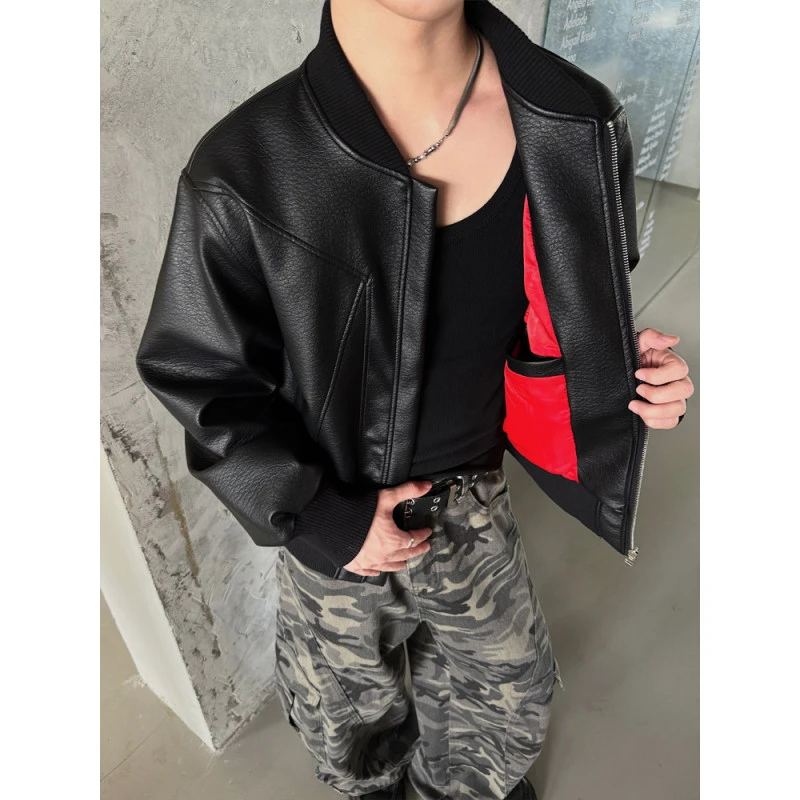 黑色解构拼接皮衣外套男款秋季高级感痞帅棒球服美式短款机车夹克