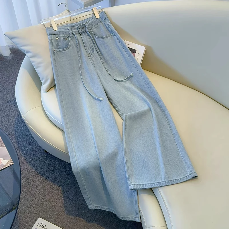 拉夏贝尔浅色高腰系带阔腿牛仔裤女春秋2025松弛感宽松九分直筒裤