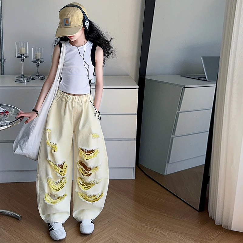 【嘻嘻柚】女童夏季2025新款甜美时髦炸街背心破洞弯刀牛仔裤两件套