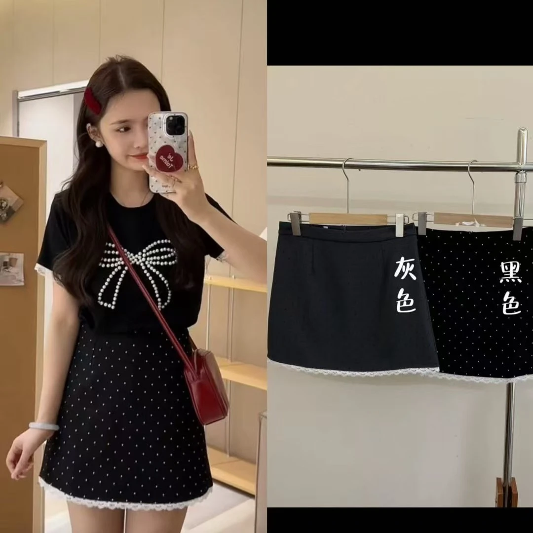 大码胖mm夏季新款蝴蝶结蕾丝半袖半身裙显瘦遮肉韩系