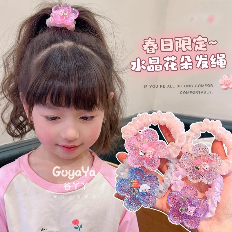 亮片三丽鸥卡通花朵马尾高弹力绢纱肠圈丸子头发圈不伤发头绳发饰