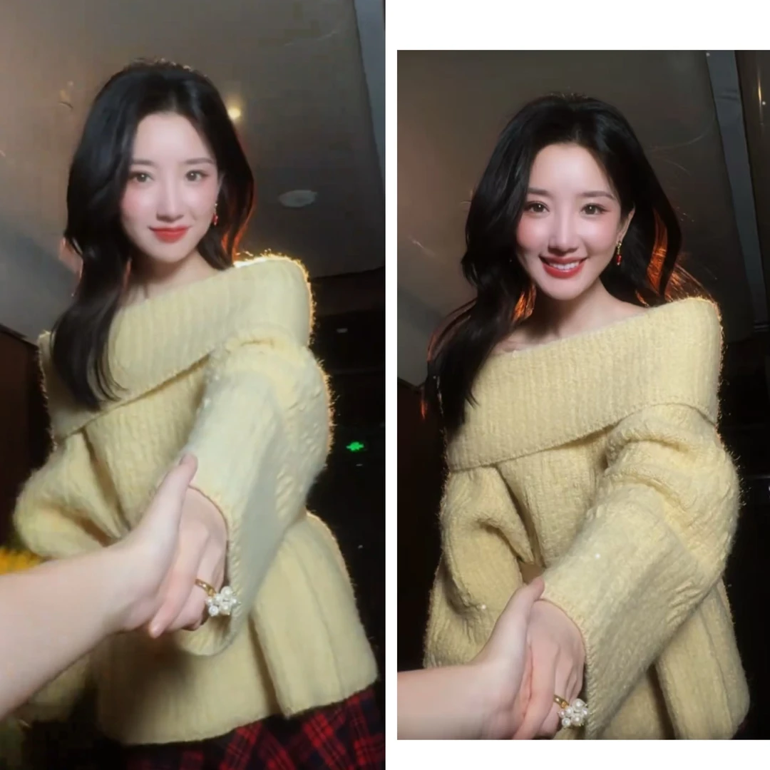 **同款2025秋冬新款马海毛肌理黄色一字领针织毛衣女网红时尚百搭