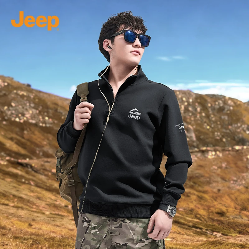 JEEP/吉普秋冬立领卫衣休闲长袖男保暖宽松半拉链外套户外上衣